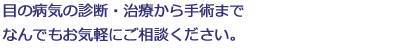 目の病気の診断・治療から手術まで、なんでもお気軽にご相談ください。